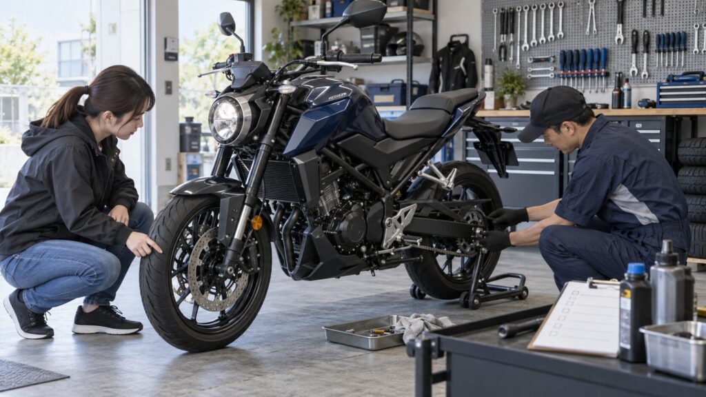 250ccバイクの定期点検を表したAI生成イメージ