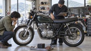 クラシックタイプの中古バイクを点検するAI生成イメージ