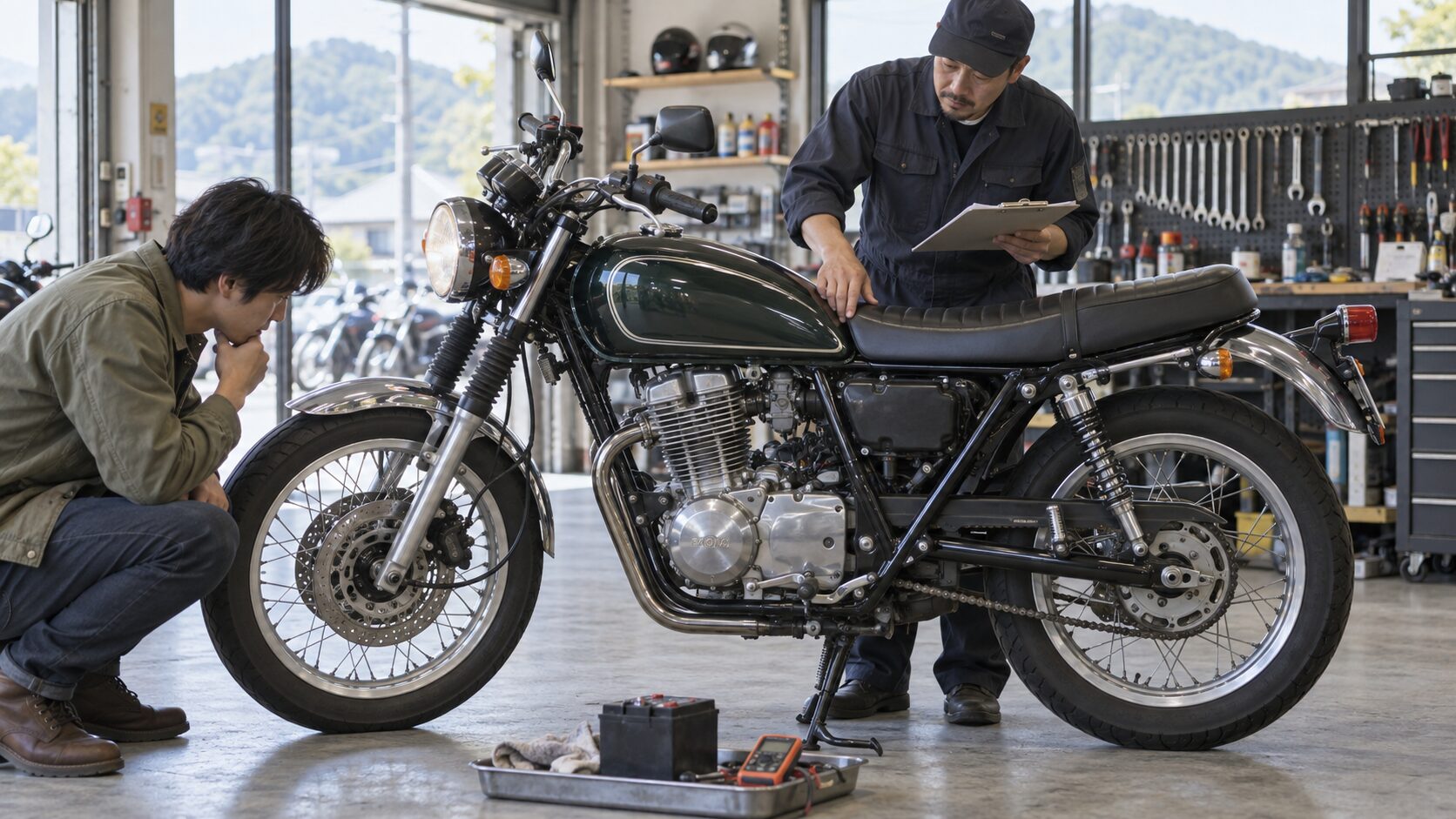 クラシックタイプの中古バイクを点検するAI生成イメージ