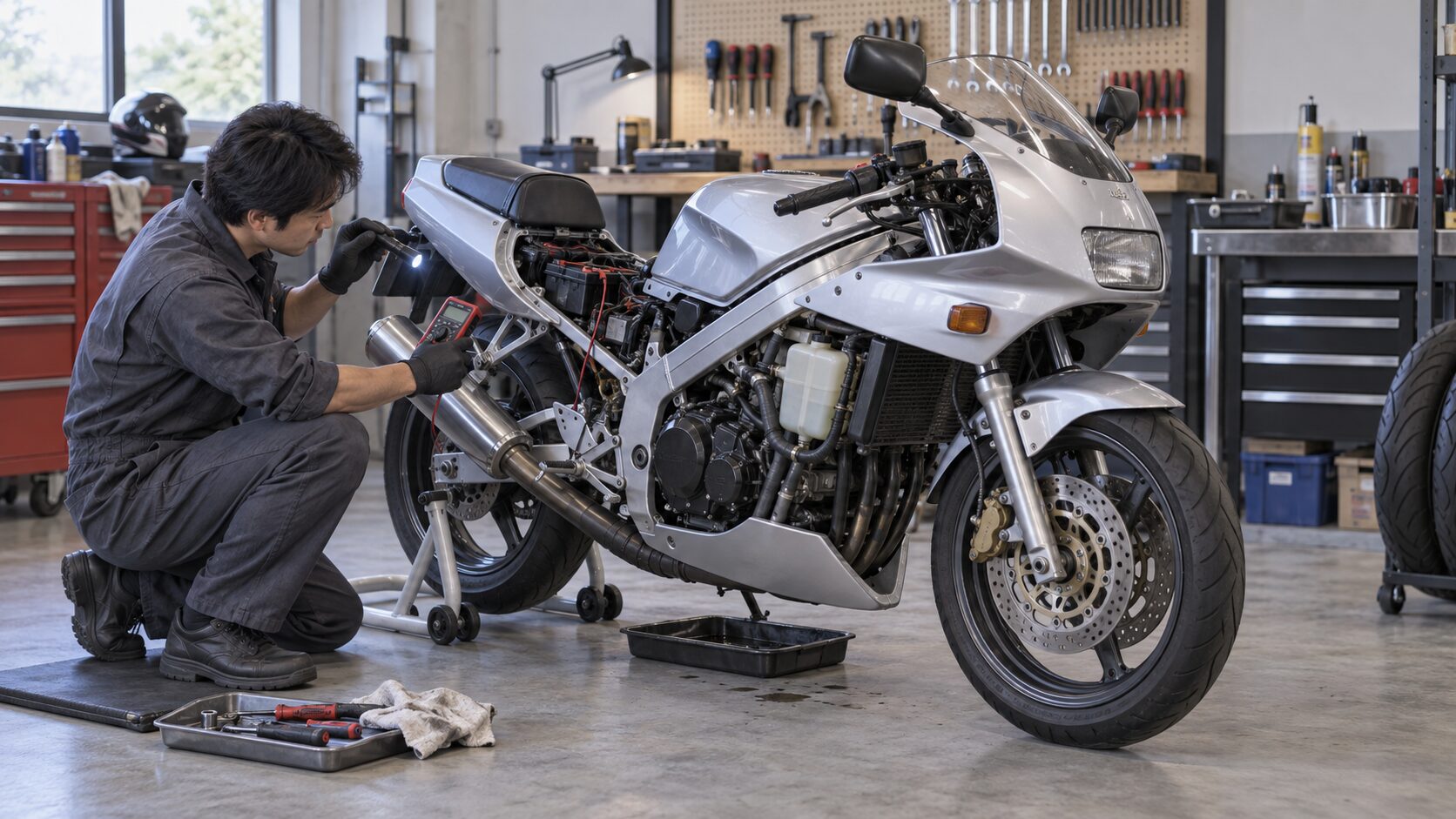 1990年代の400ccクラスを想定した中古バイク点検のAI生成イメージ