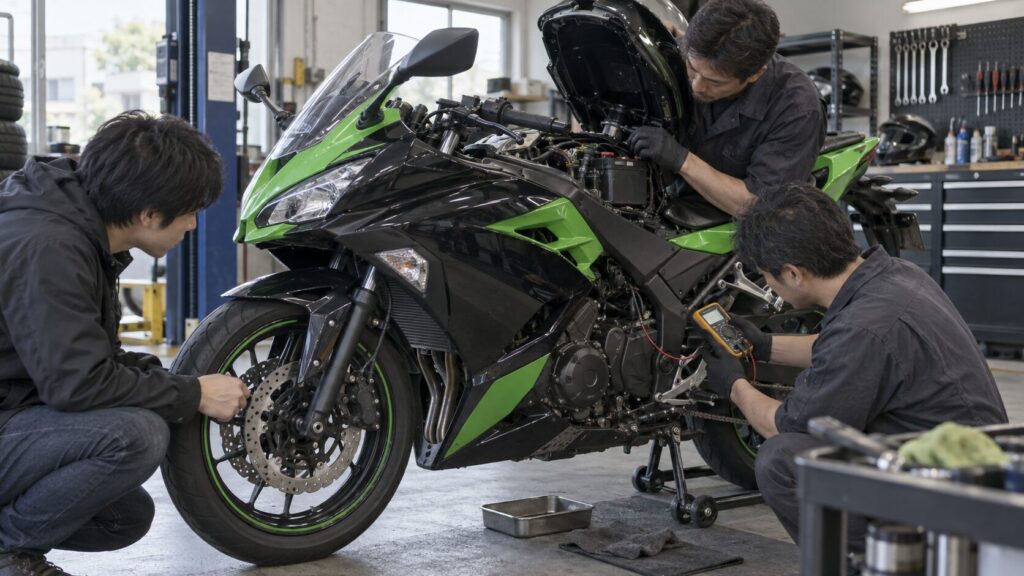 250ccフルカウル中古車の購入前点検を表したAI生成イメージ